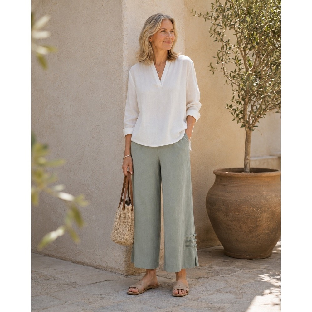 Citron Santa Monica Pants L Olive Green 100% Silk Frog Detail Crop Wide Leg